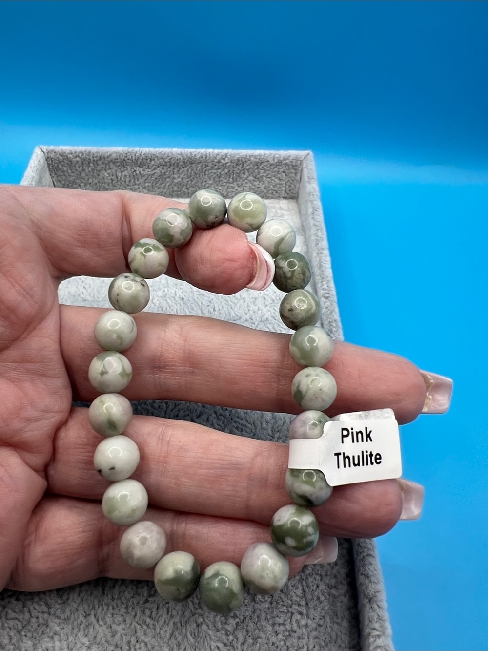 Pink Thulite Beaded Stretch Bracelet - Green and Cream Tones